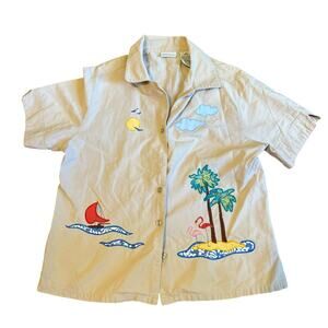 White Stag Top SZ Med Embroidered Flamingo Palm 100% Cotton Art to Wear Boho
